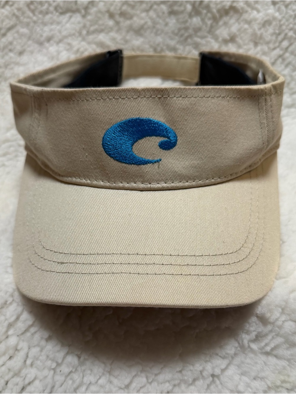 Costa Del Mar Cotton Visor Hat Beige Blue Logo Adjustable Back Outdoors Strap